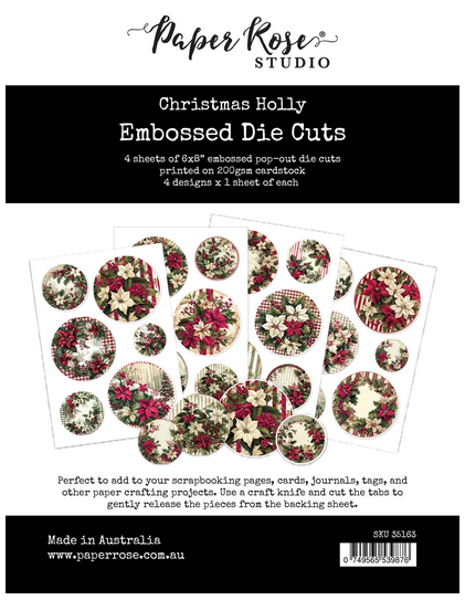 Paper Rose Christmas Holly Embossed Die Cuts