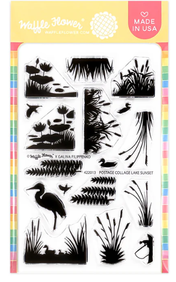 Waffle Flower Postage Collage Lake Sunset Stamp Set